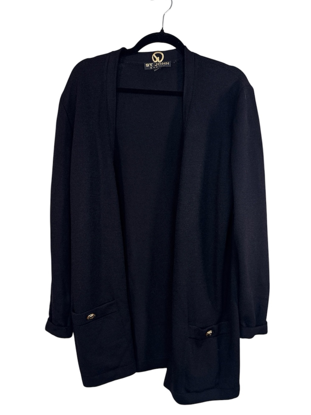 St John Black Knit Long Line Cardigan Sweater Womens L Classic Quiet Luxury